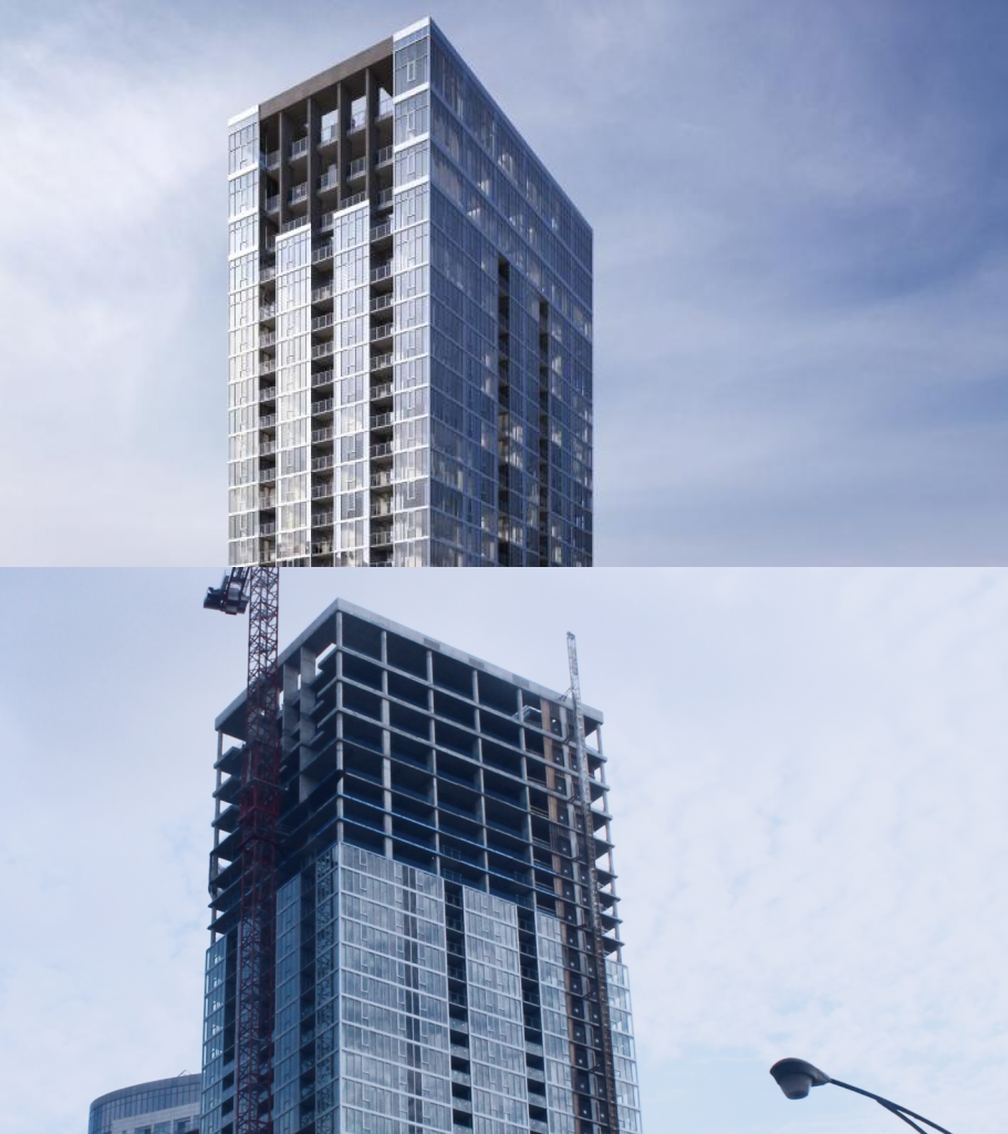 Rendering vs construction comparison of 369 W Grand Avenue from similar angles