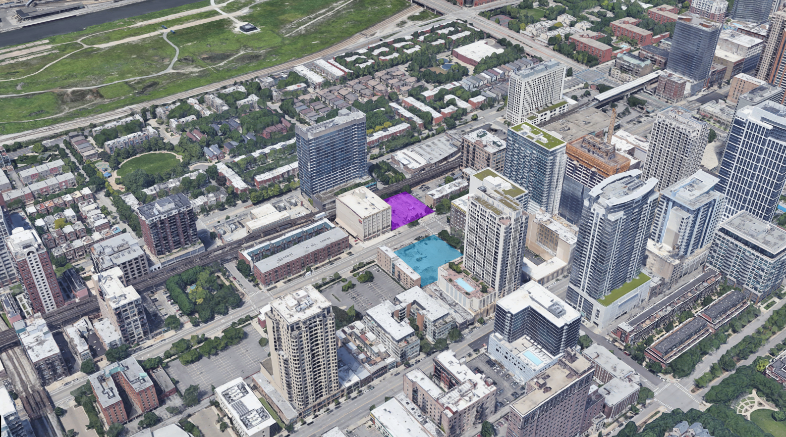 Aerial overview 1400 N Wabash (purple), just across S Wabash Avenue from CMK's recently-developed Coeval site (blue)