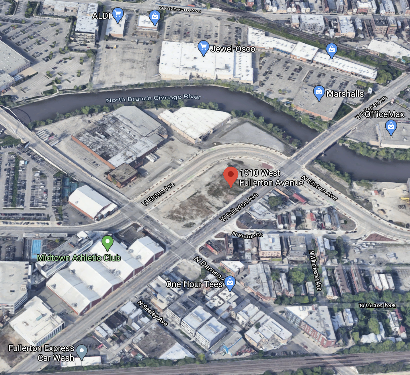 Aerial view of the address within the larger lot by the Chicago River