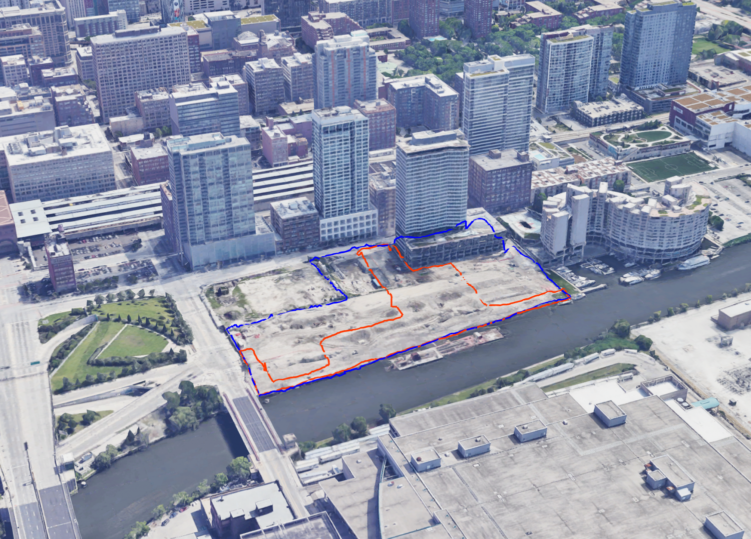 Aerial view of the Riverline Site highlighted in blue, with its inner public space highlighted in orange
