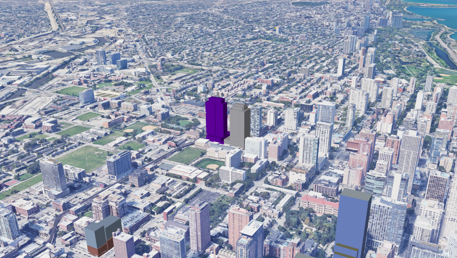 Rendering of Old Town Park Phase Three (purple), facing northwest