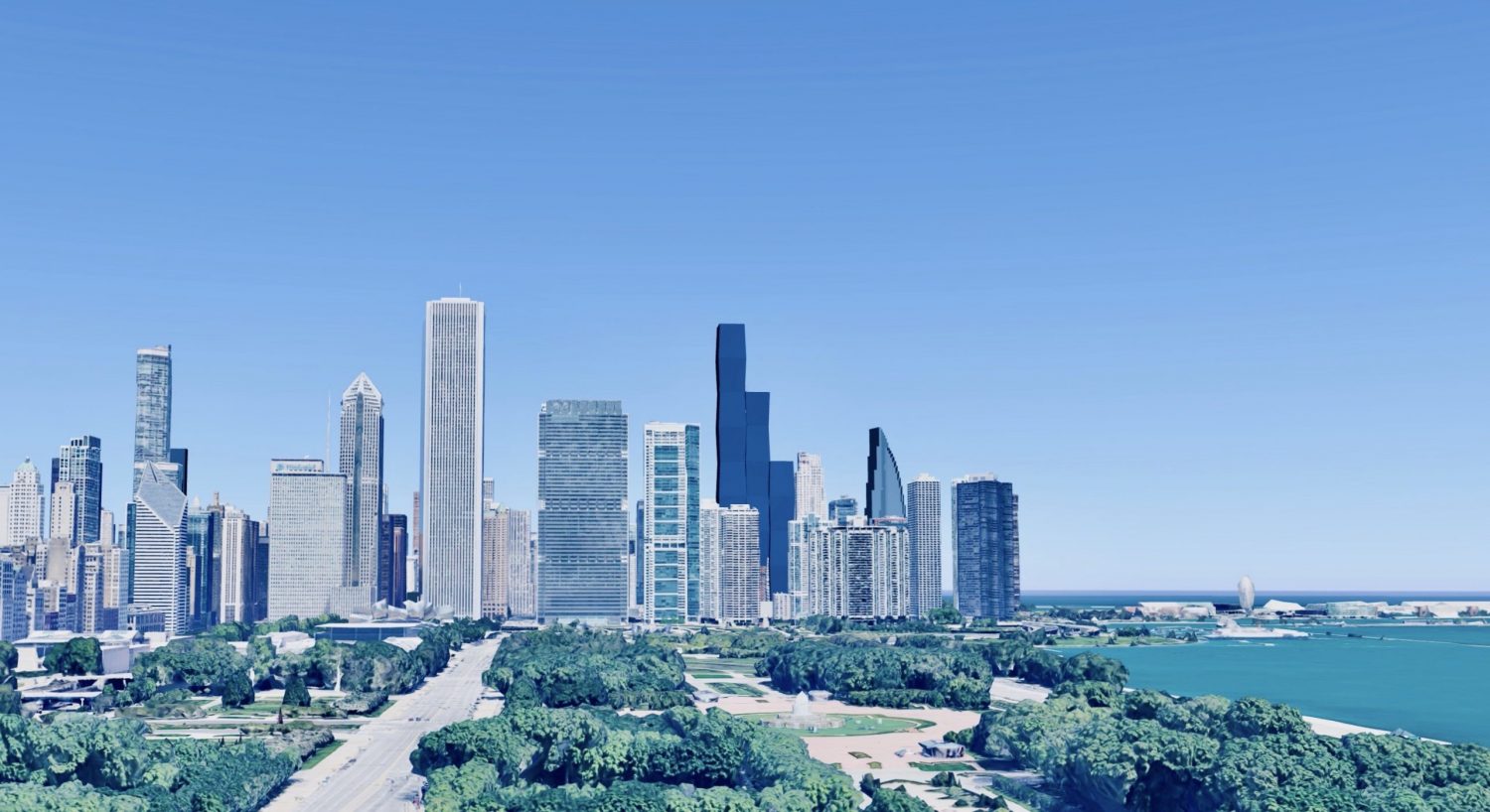 Renderings of Vista Tower (dark blue, center) and the nearby towers recently approved for 400 N Lake Shore Drive (light-gray, right)