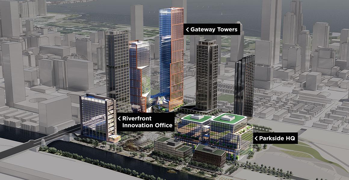 A view of the Phase I projects, which includes sub-projects like Gateway Towers, a park, and and a mixed-use innovation office along Roosevelt