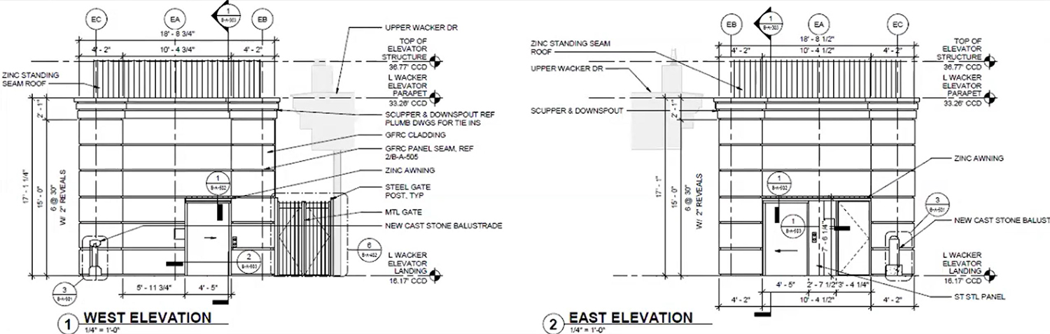 65 E Riverwalk South Elevator West and East Elevations. Drawings by Muller and Muller Architects