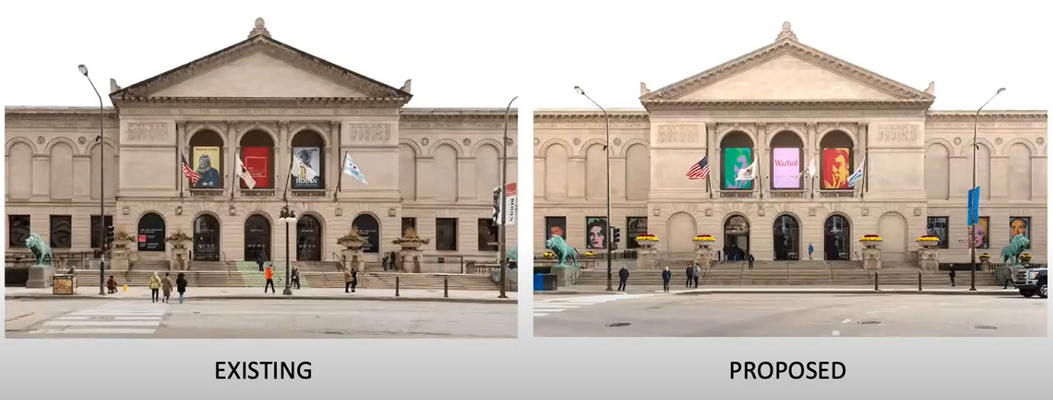 Existing Art Institute Façade(left) vs. Proposed Art Institute Façade(right). Rendering by Interactive Design Architects