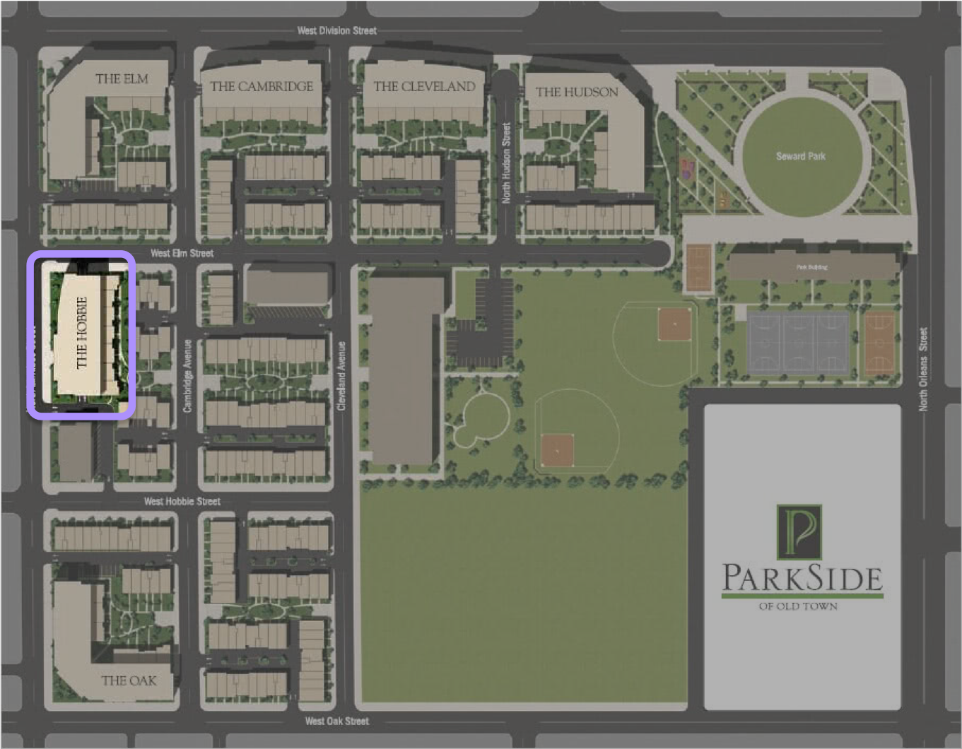 Overview of Parkside of Old Town, with a previous rendering of 551 W Elm Street highlighted