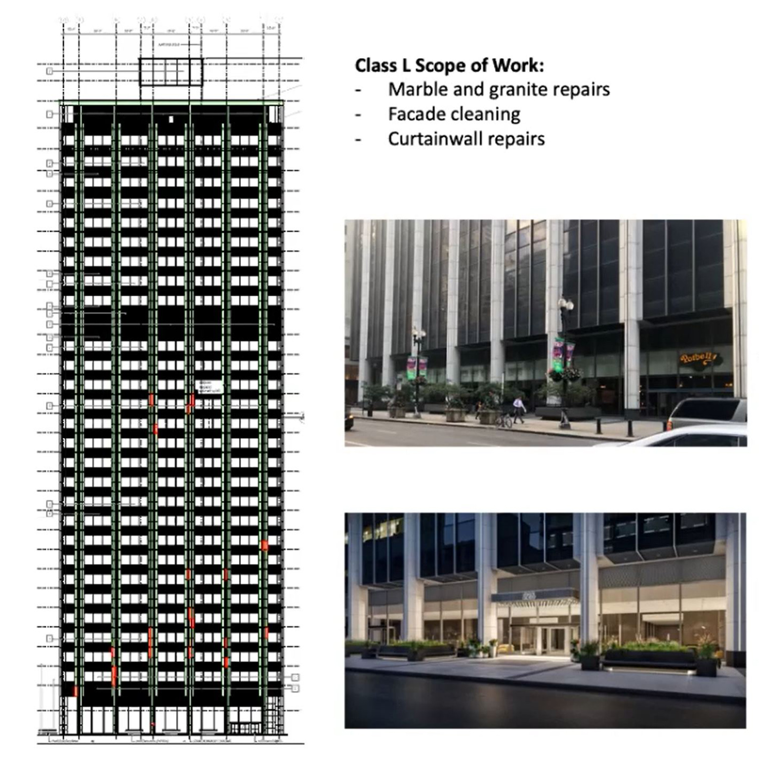 Illinois Bell Building Exterior Work Drawing and Renderings. Images by Developer