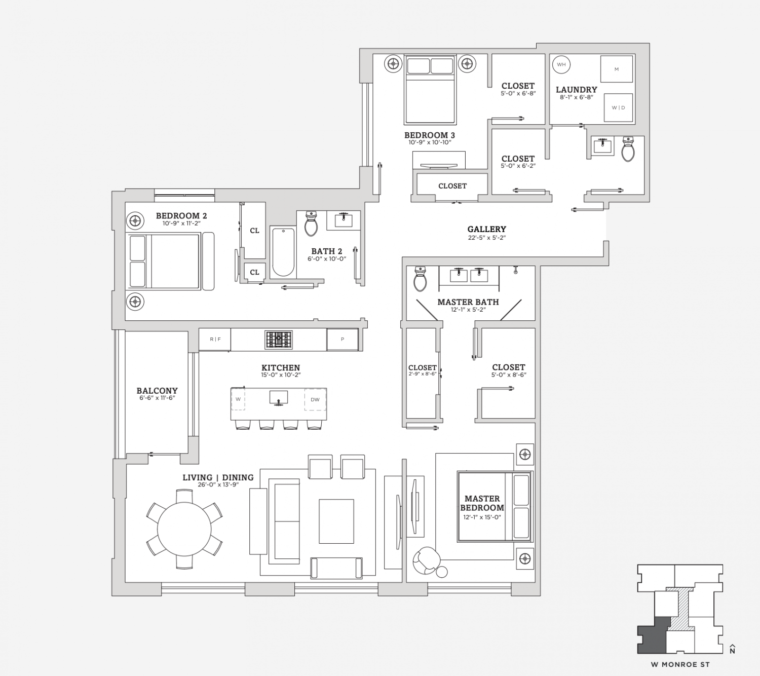 1404 W Monroe Street: Three-bedroom floor plan