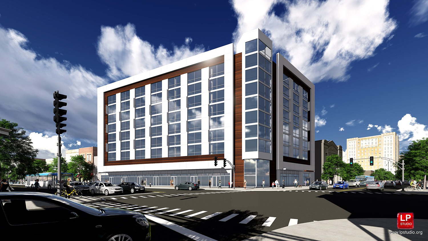 View of Previous Development Scheme for 4601 N Broadway. Rendering by MX3 Architects