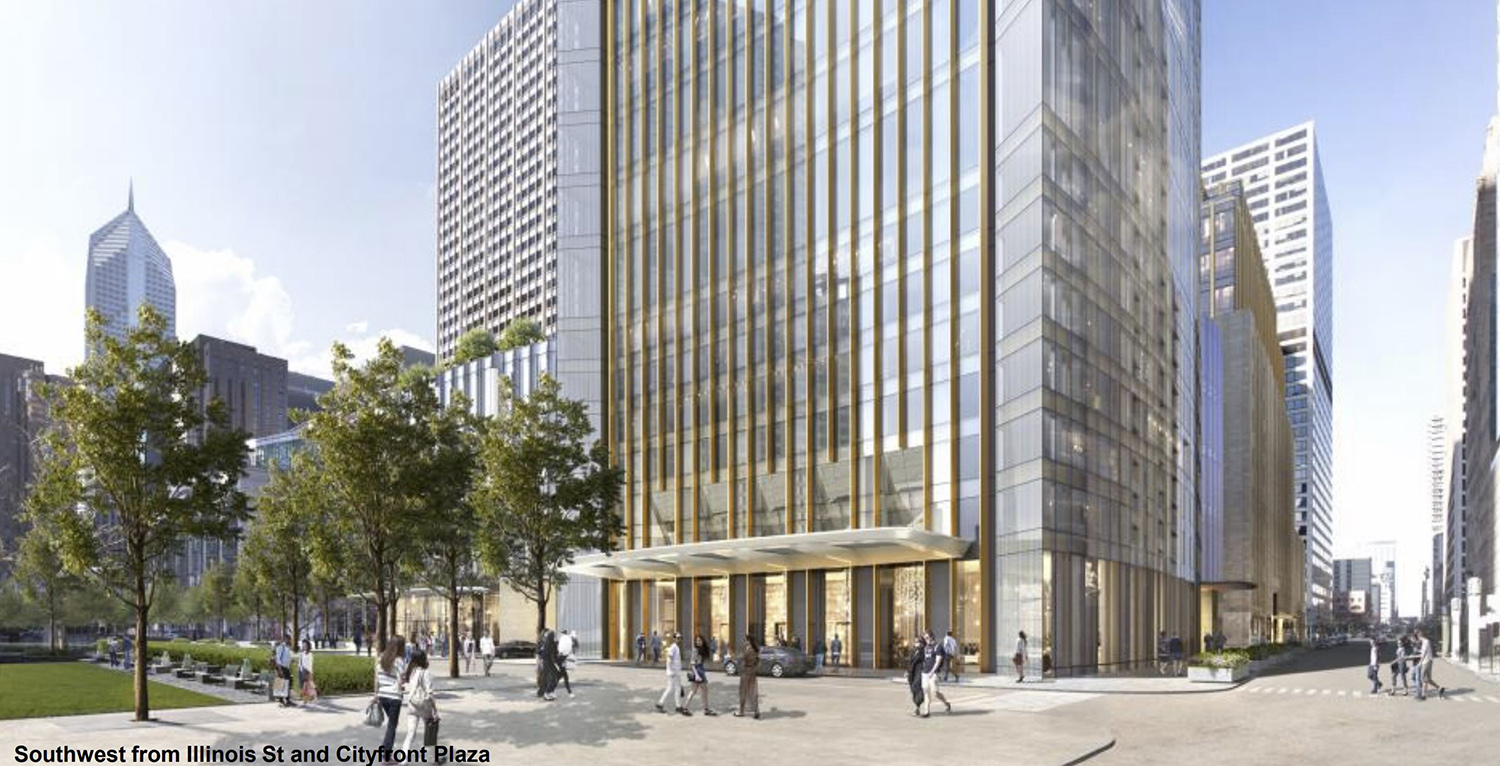 Streetscape View of Tribune East Tower. Rendering by Adrian Smith & Gordon Gill Architecture