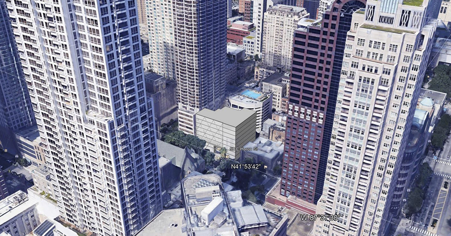 Aerial View of 50 E Huron Street. Rendering by Absolute Architecture PC