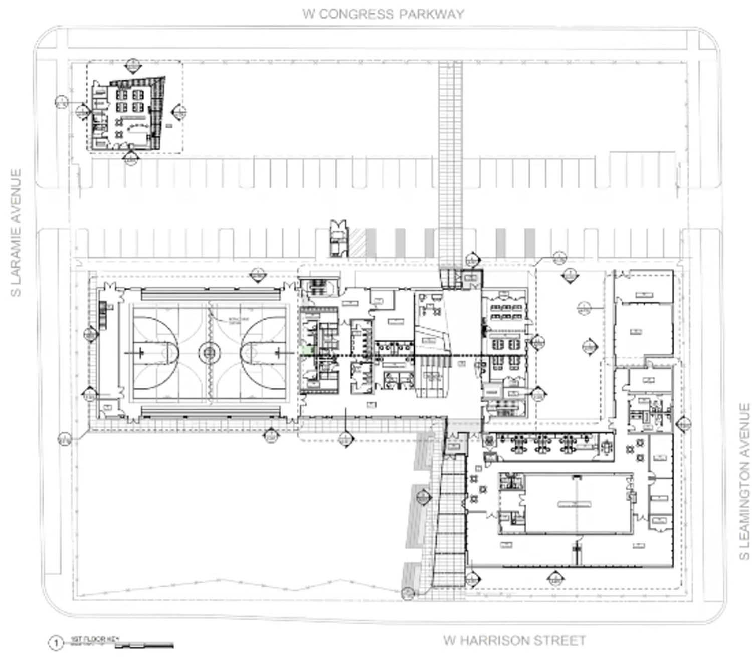 Ground Floor Plan for 5100 W Harrison Street. Drawing by Landon Bone Baker Architects