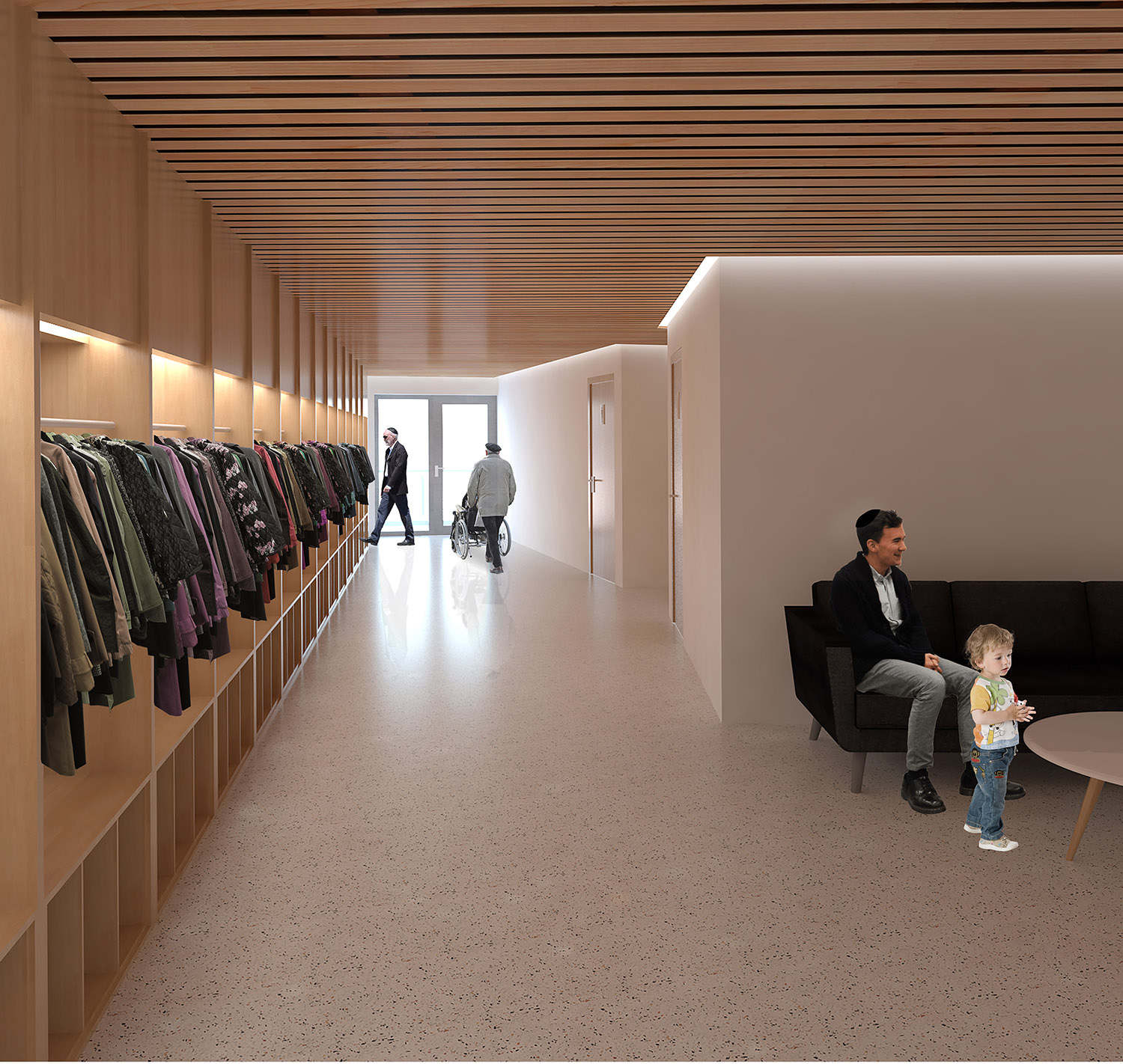 Coatroom at Skokie Valley Synagogue. Rendering by Studio ST Architects