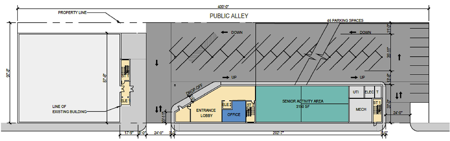 Ground Floor Plan of Evanston Senior Housing. Drawing by UrbanWorks