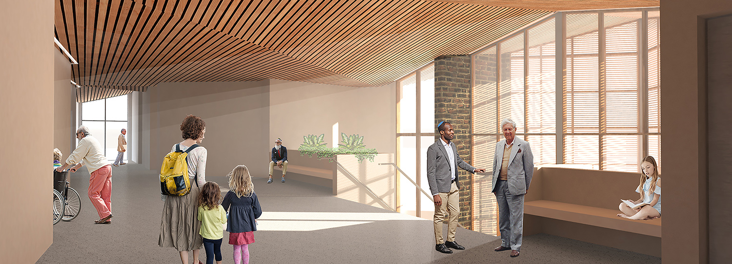 Lobby at Skokie Valley Synagogue. Rendering by Studio ST Architects