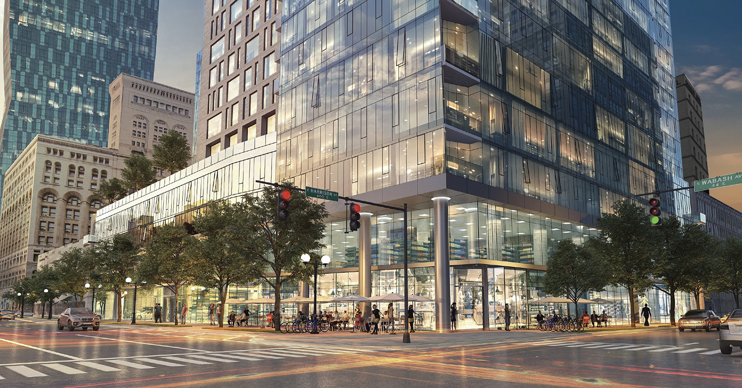 View of Streetscape at 525 S Wabash Avenue. Rendering by BKV Group