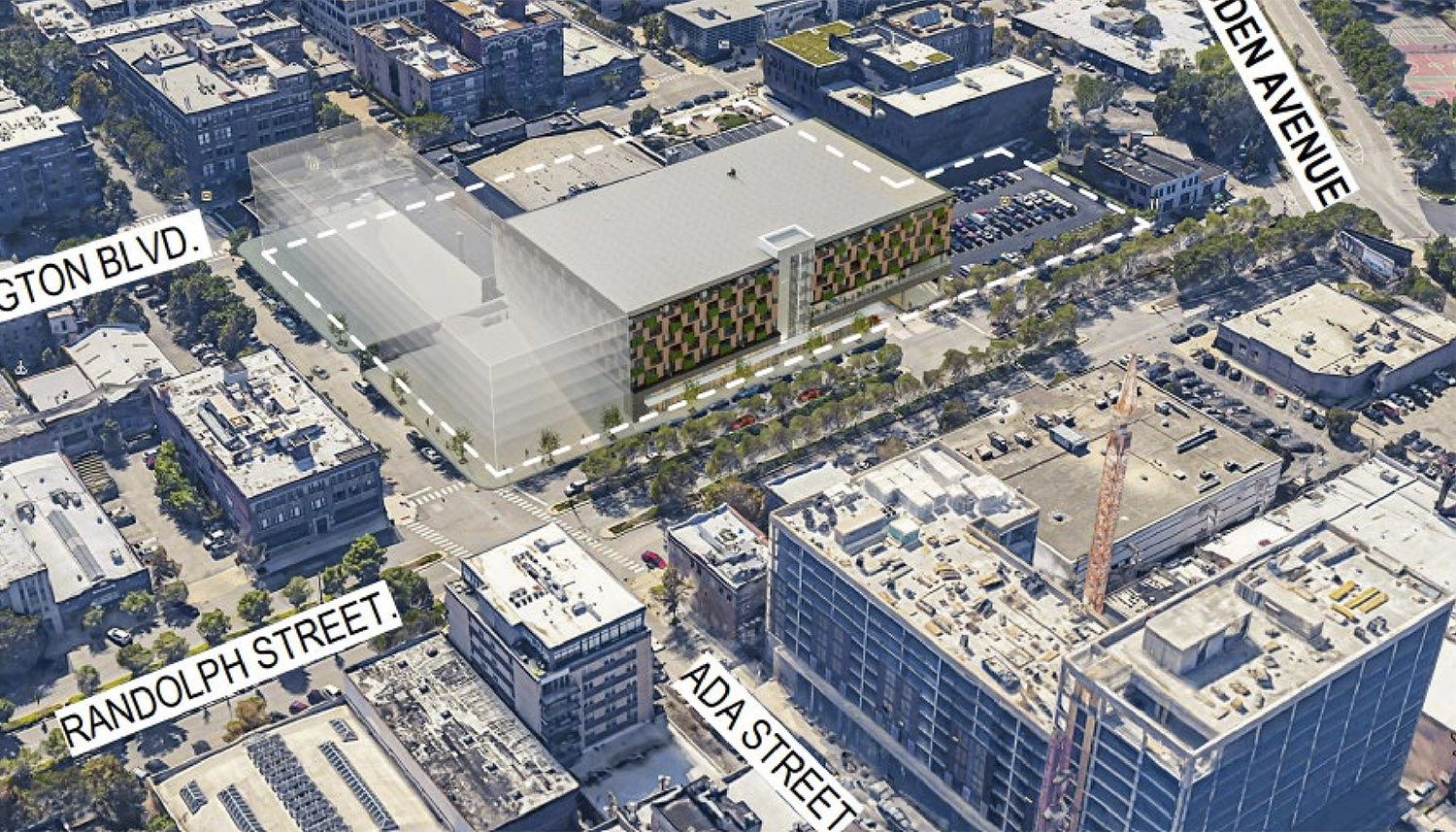 Aerial View of 1340 W Washington Boulevard. Rendering by OKW Architects