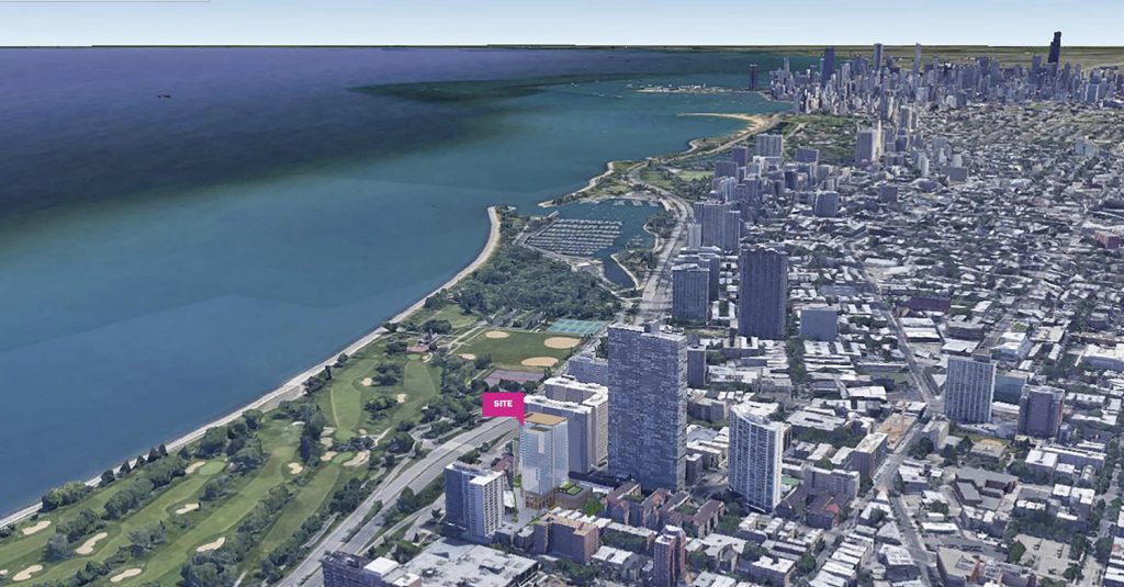 Aerial View of 640 W Irving Park Road. Rendering by Perkin Eastman and Level Architecture