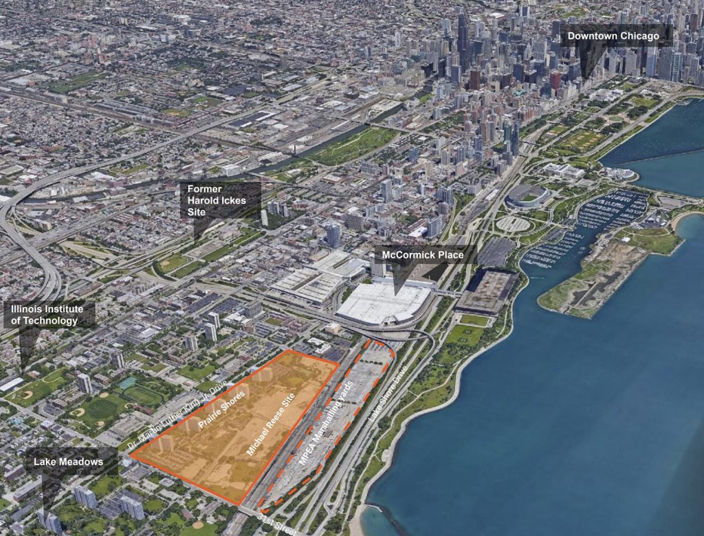 Aerial View of Bronzeville Lakefront Development Site. Diagram by GRIT Chicago
