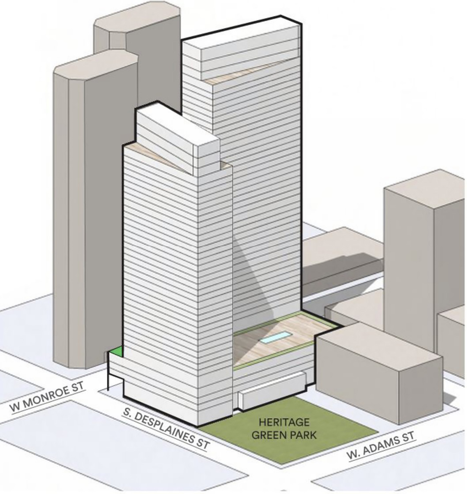 Massing Diagram of 601 W Monroe Street. Diagram by SCB