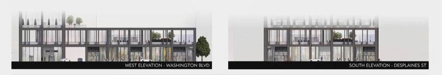 Podium Elevations for 640 W Washington Boulevard. Drawings by Hartshorne Plunkard Architecture