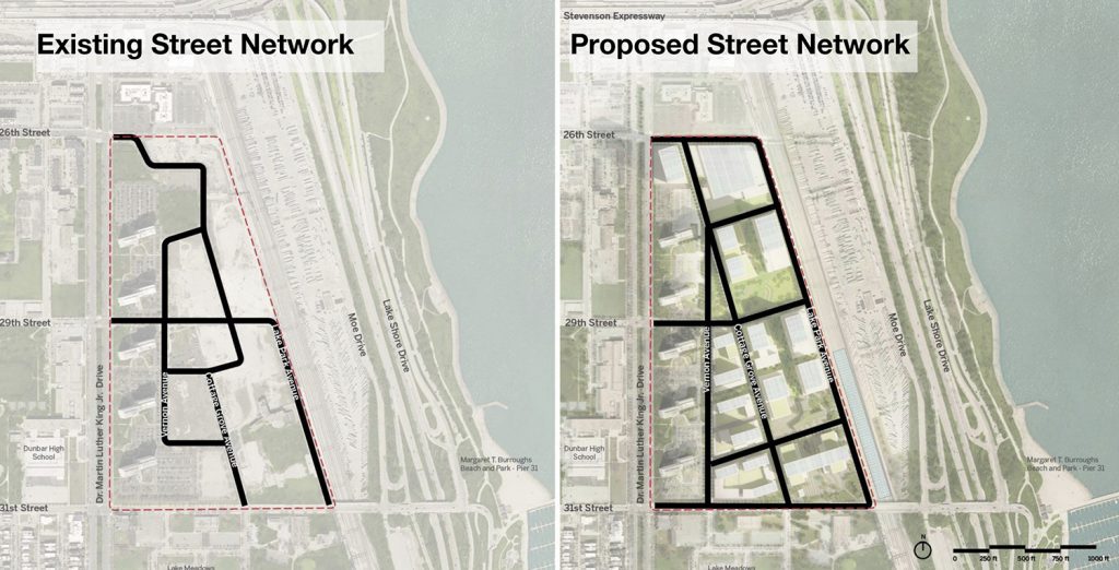 Street Network for Bronzeville Lakefront Development. Rendering by GRIT Chicago