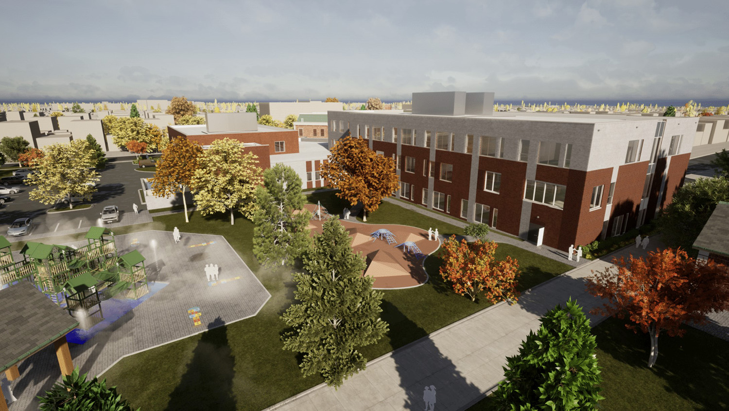 View of Belmont Cragin Elementary School at 6100 W Fullerton Avenue. Rendering by SMNGA and FORMA Architecture