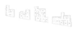 Avra West Loop sample studio, 1-bedroom, 2-bedroom, and 3-bedroom floor plans (left to right)