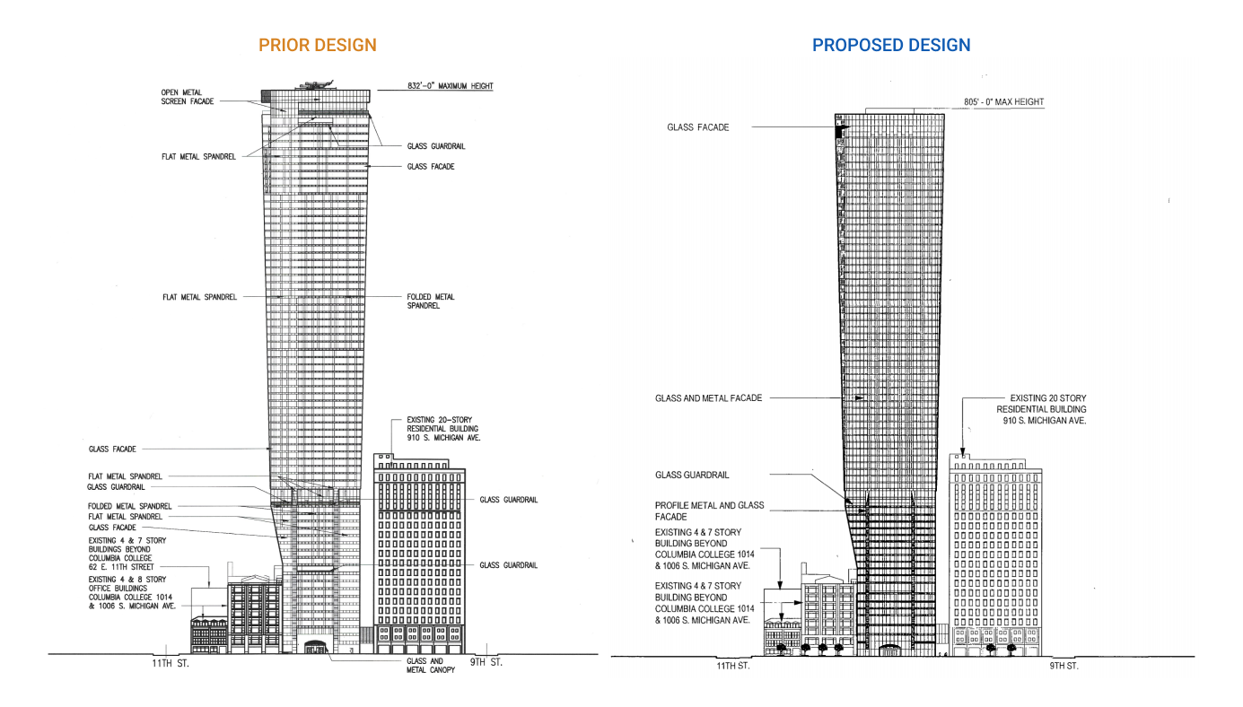 East elevations of original design and proposed design