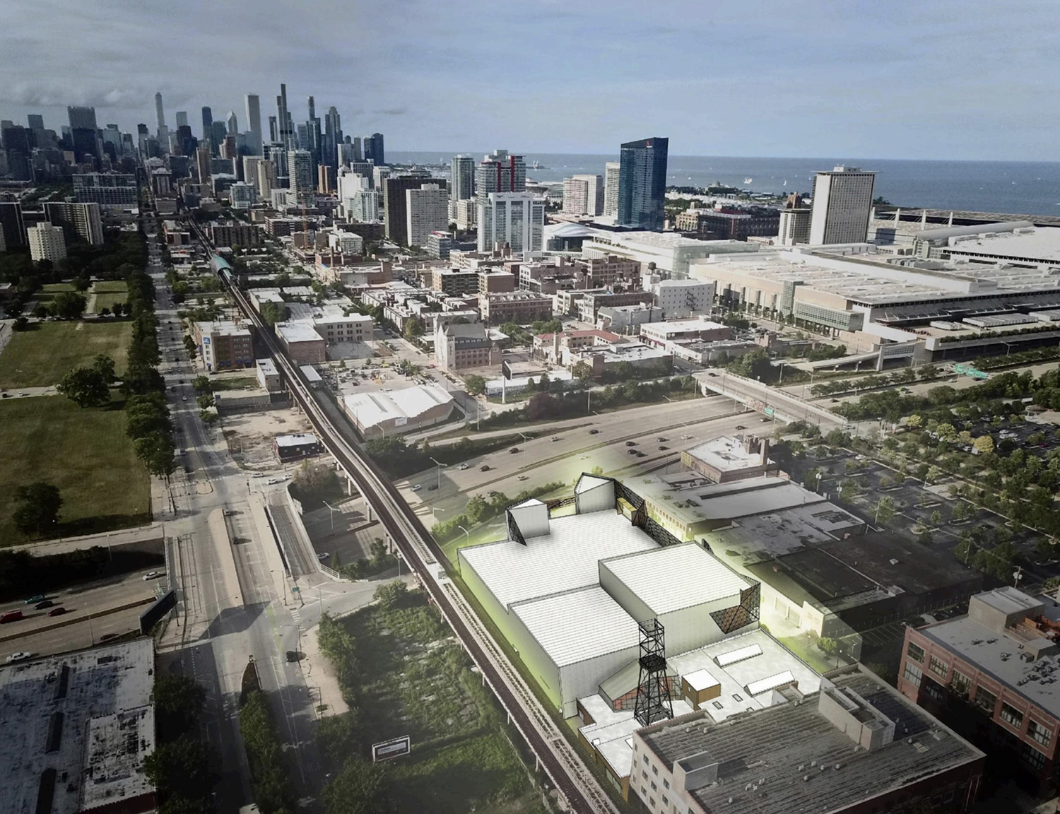Aerial View of Surge eSports Stadium at 2500 S Wabash Avenue. Rendering by KOO Architecture