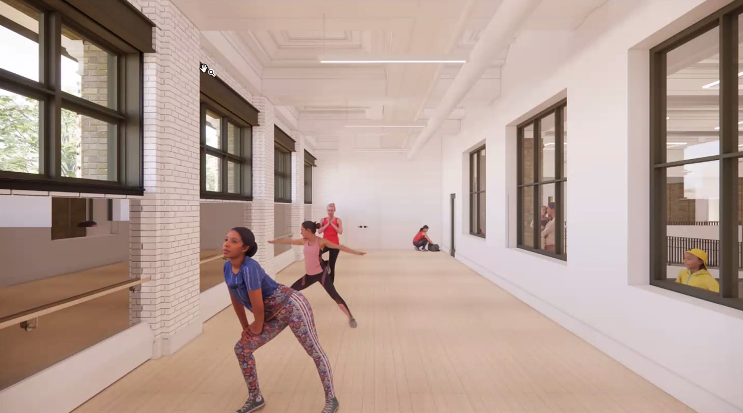 Dance Room at Clarendon Community Center. Rendering by Booth Hansen
