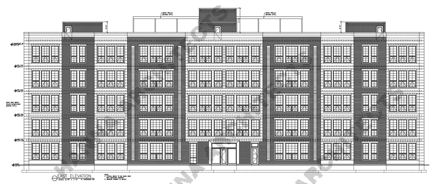East Elevation for 5950 N Sheridan Road. Drawing by Hanna Architects