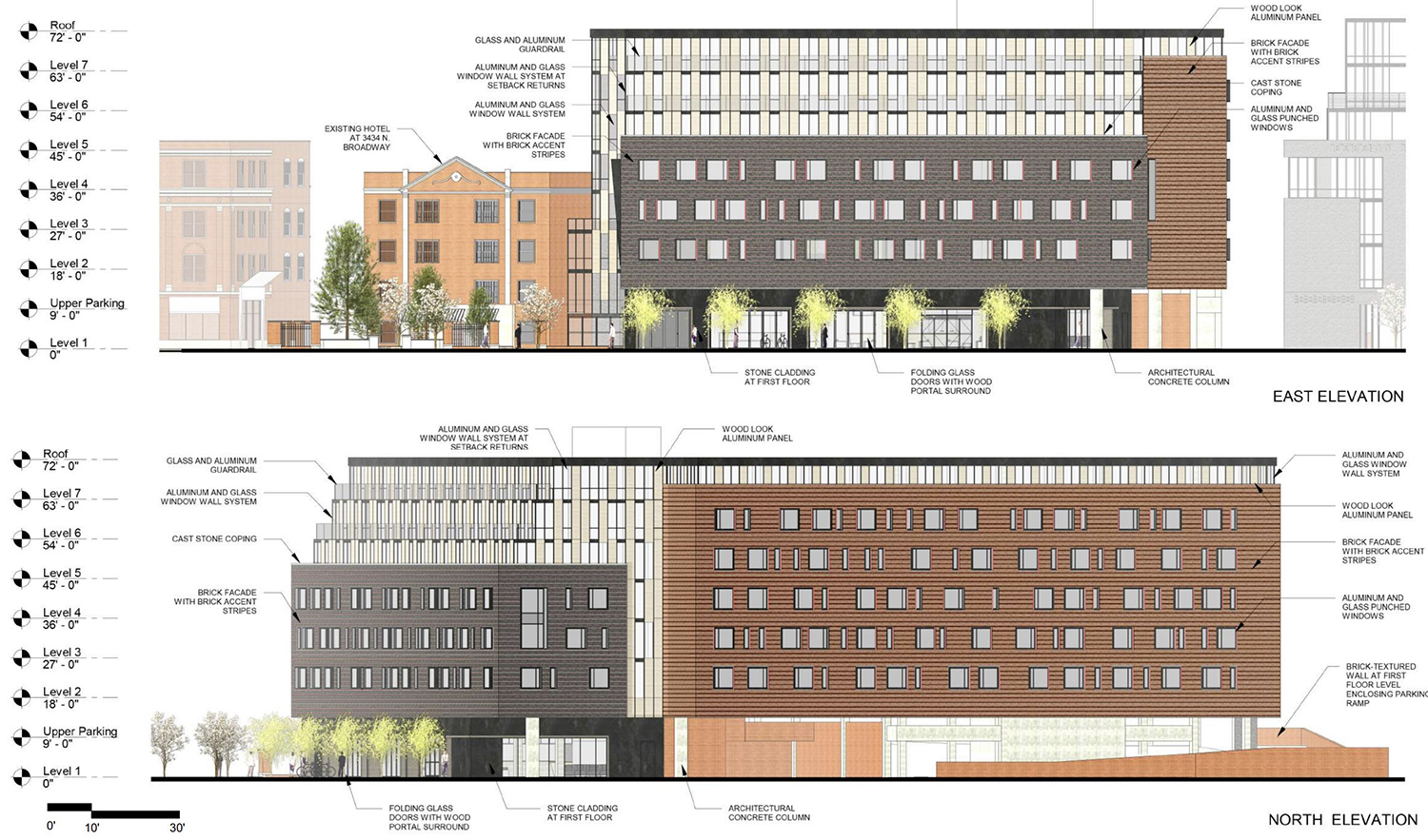 Elevations of 3440 N Broadway. Drawings by Eckenhoff Saunders Architects
