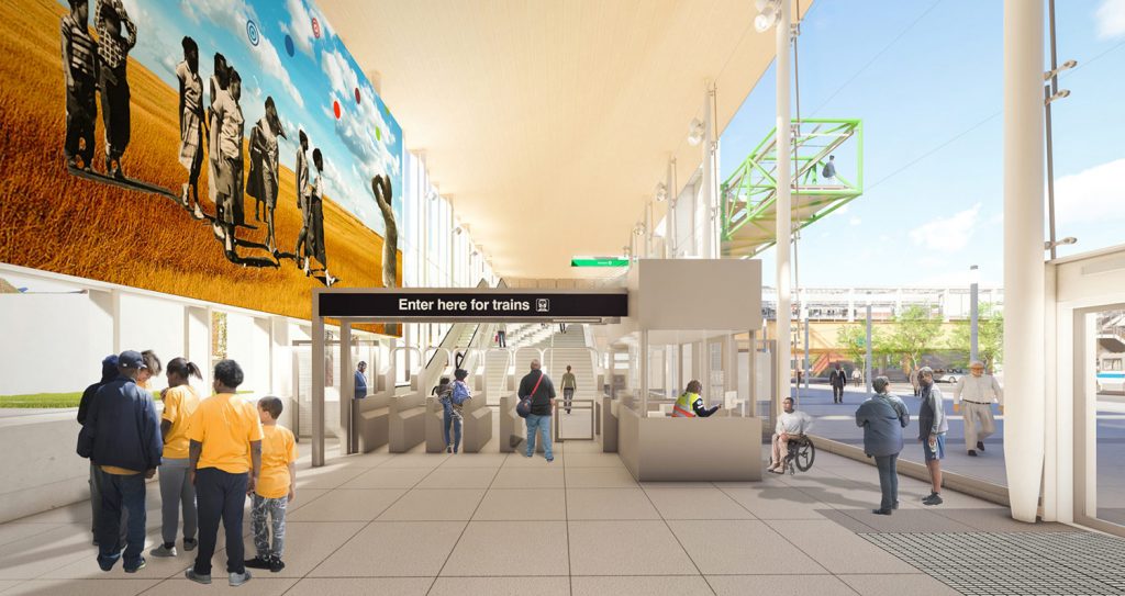 Entry to Damen CTA Green Line Station. Rendering by Perkins + Will