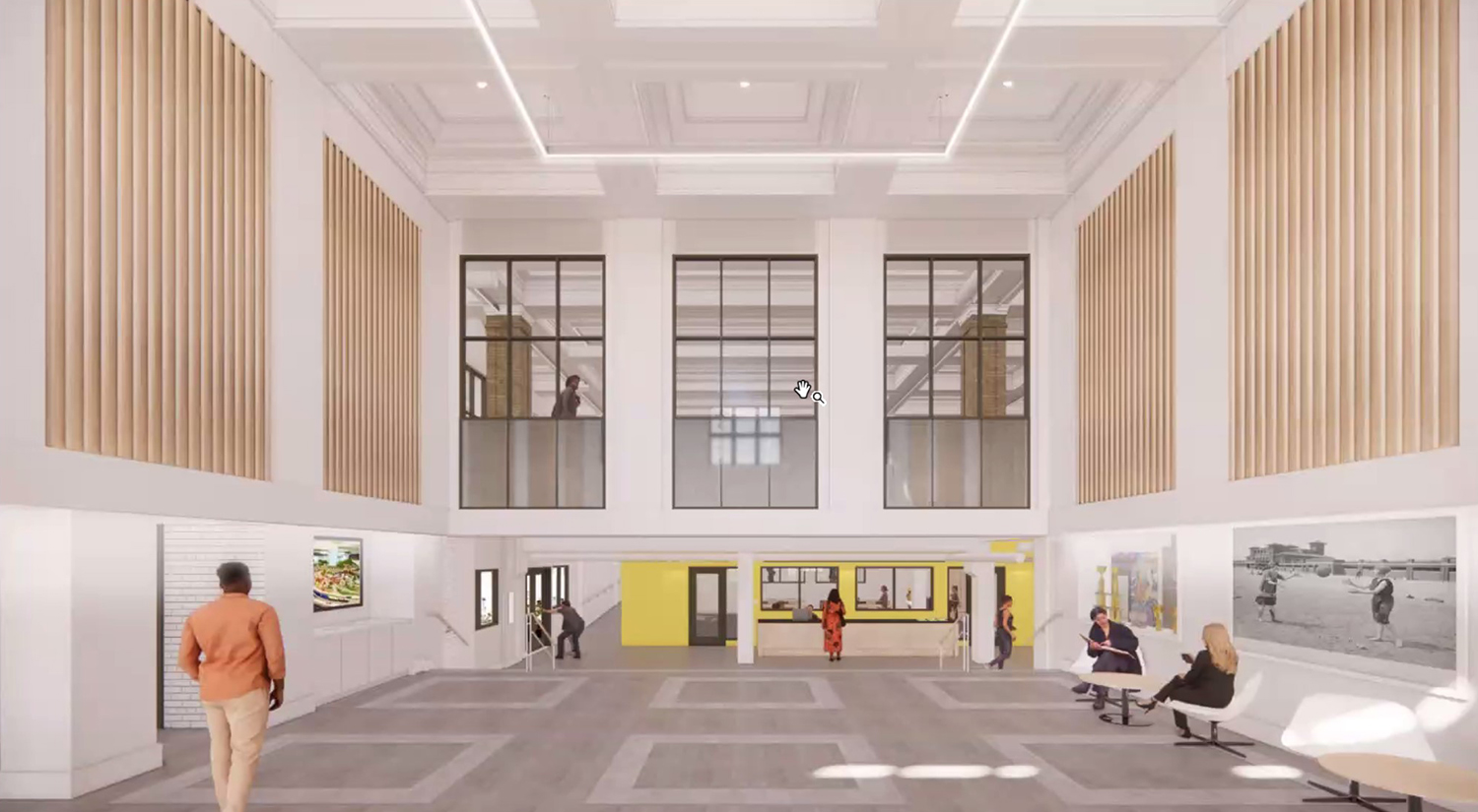 Lobby at Clarendon Community Center. Rendering by Booth Hansen