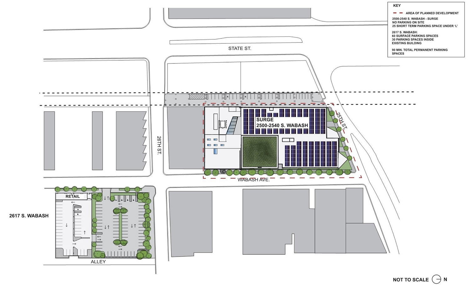 Overall Site Plan for Surge eSports Stadium at 2500 S Wabash Avenue. Drawing by KOO Architecture