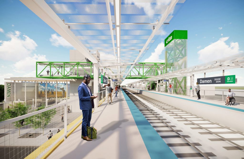 Platform of Damen CTA Green Line Station. Rendering by Perkins + Will