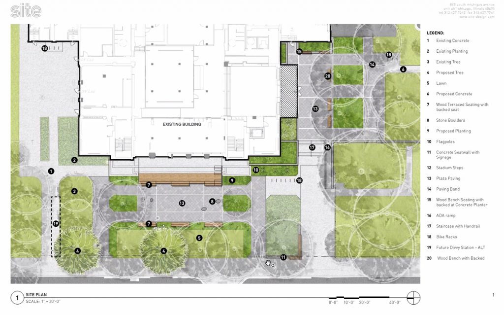 Site Plan for Clarendon Community Center. Drawing by Booth Hansen and Site Design Group