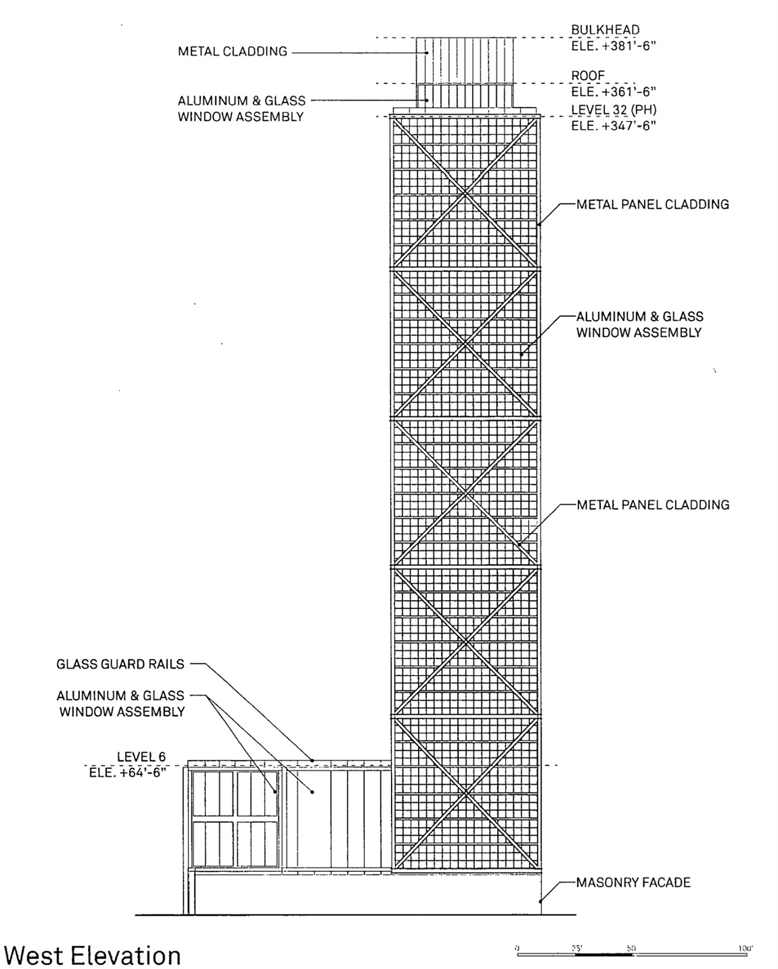 West Elevation for 1201 W Fulton Market. Drawing by Morris Adjmi Architects