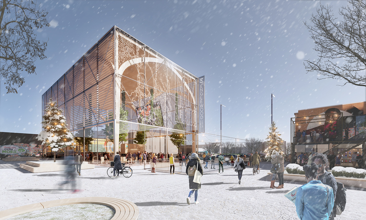 Winter View of Phase 1 of Englewood Connect Vision. Rendering by SOM and TNS Studio