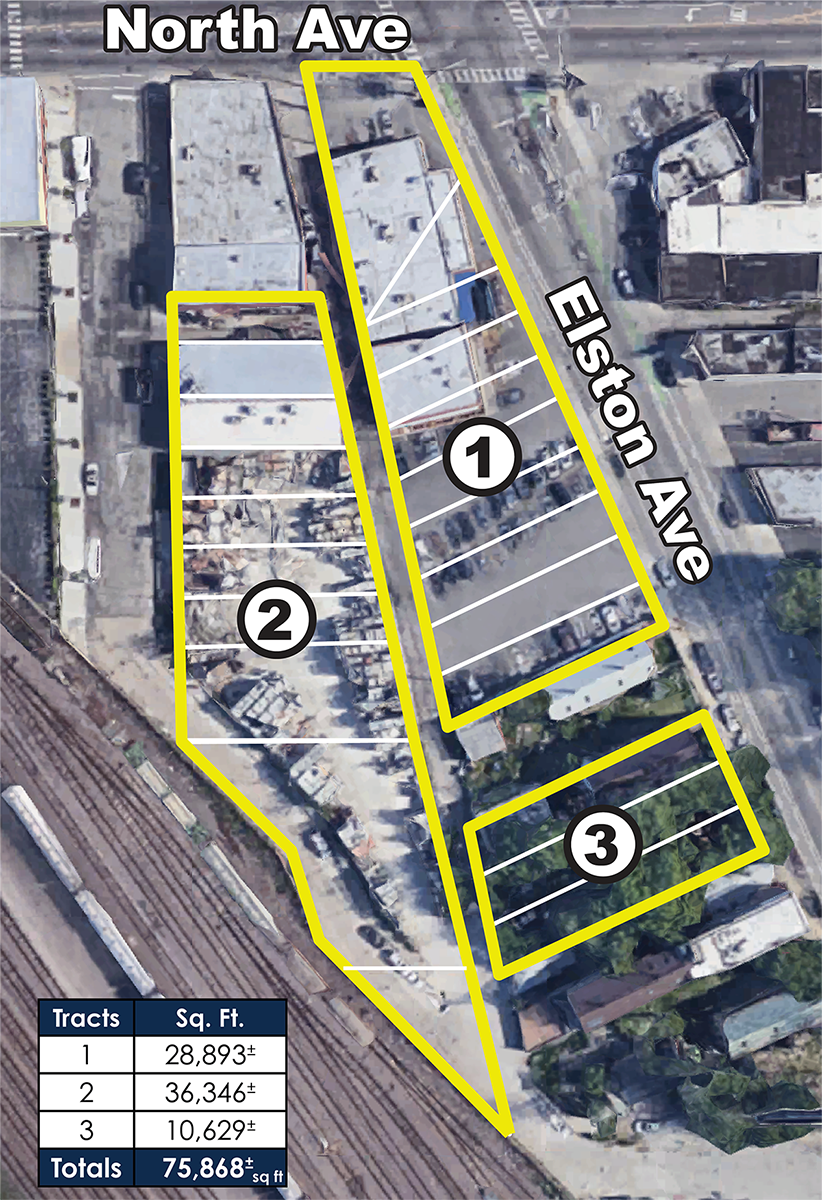 Land purchase overview for former Stanley's Fresh Fruit & Vegetables (1520 N Elston Avenue located in bottom right Tract 3)