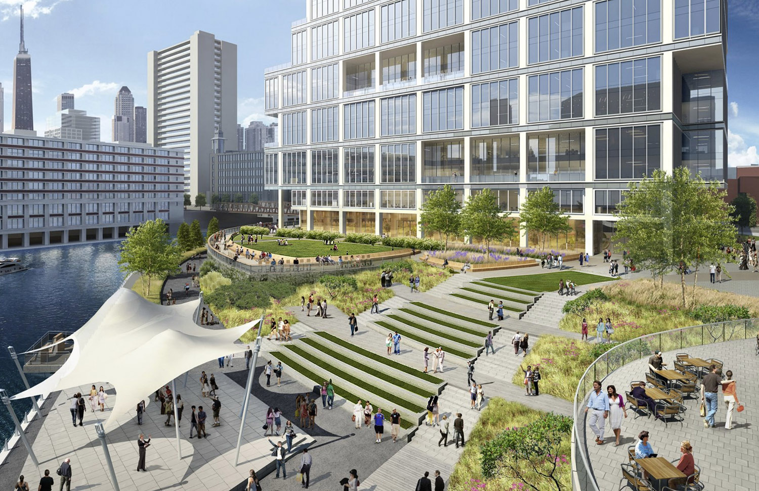 View of 700 at the River District. Rendering by Goettsch Partners