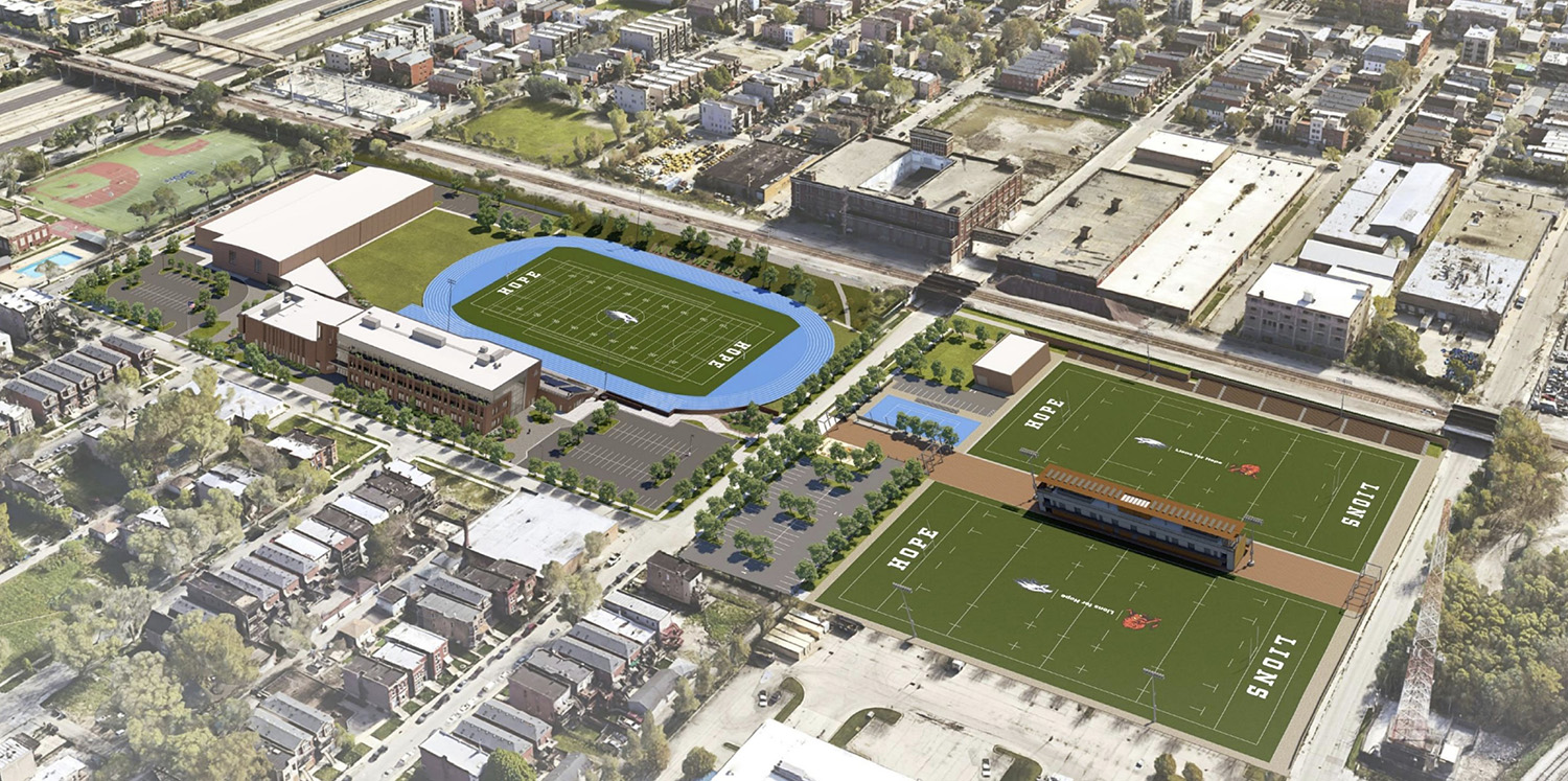 Aerial View of Chicago Hope Academy at 731 S Washtenaw Avenue. Rendering by Team A
