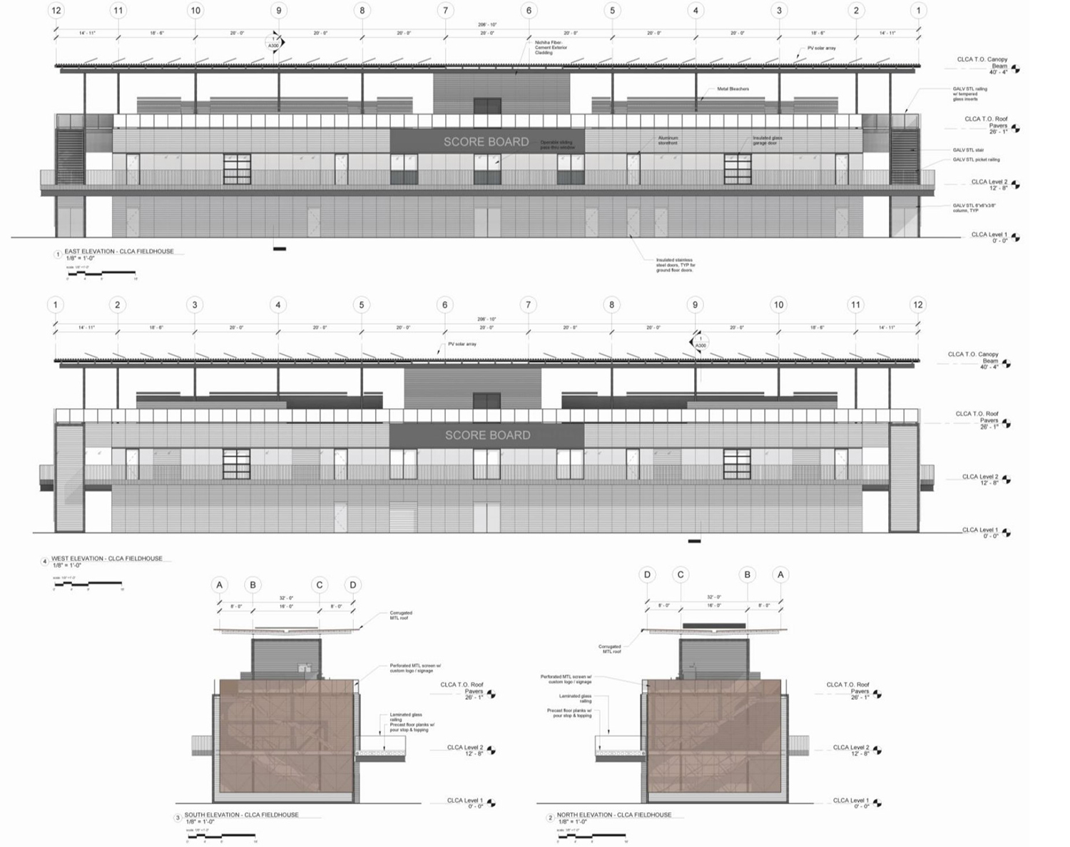 Elevations for Fieldhouse at Chicago Hope Academy at 731 S Washtenaw Avenue. Drawing by Team A
