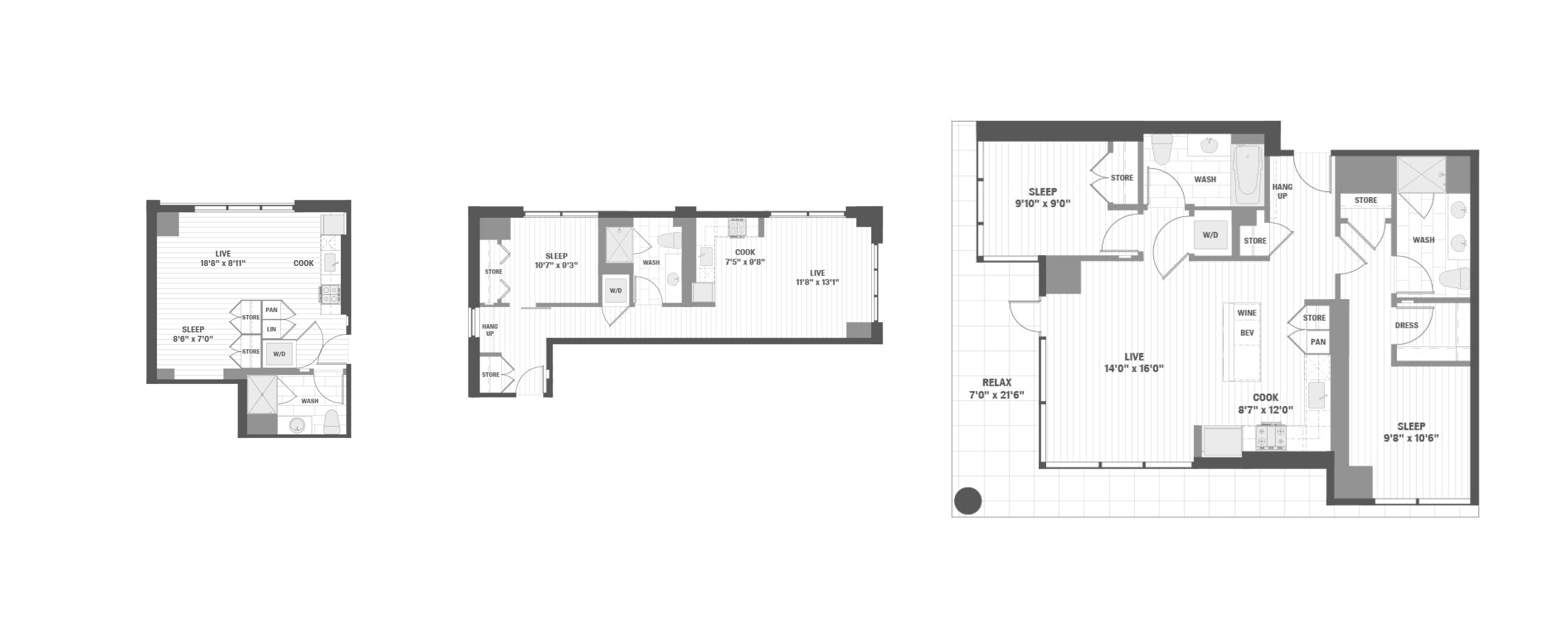 AMLI 808 studio, one, and two-bedroom floor plans