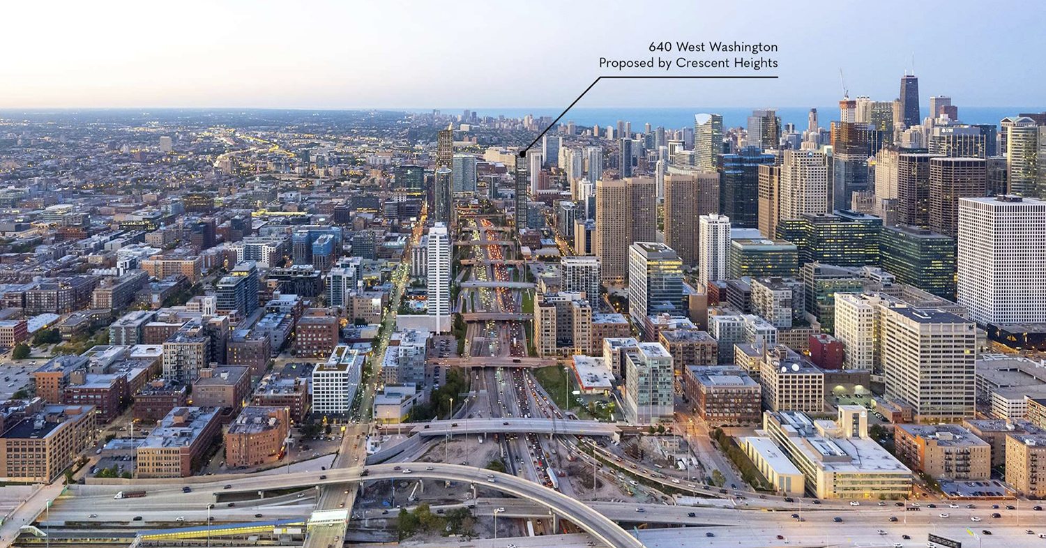 Aerial View of 640 W Washington Boulevard. Rendering by Hartshorne Plunkard Architecture