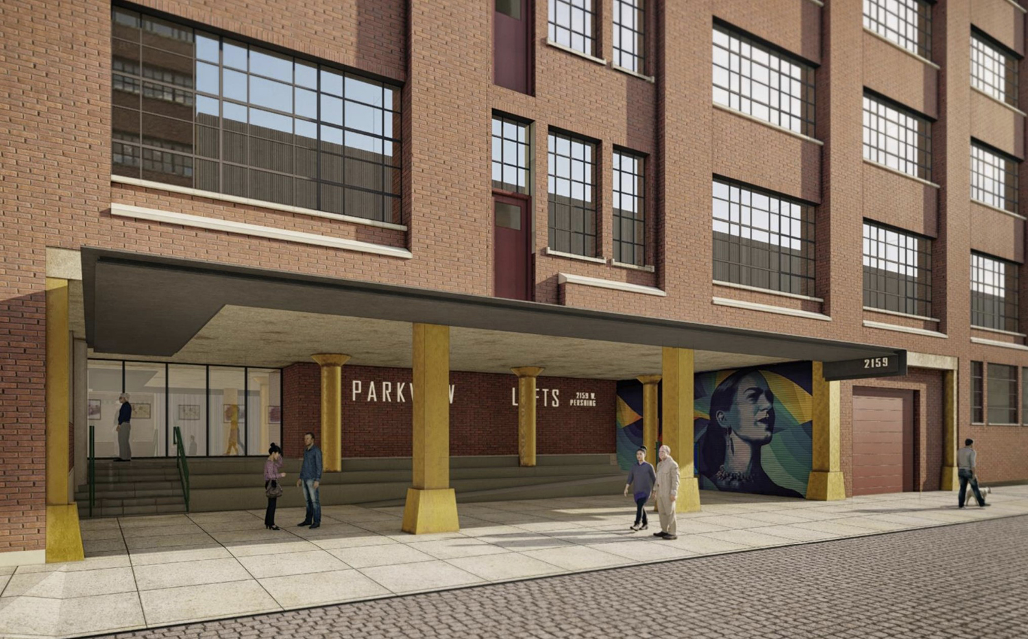 Entry at Parkview Lofts at 2159 W Pershing Road. Rendering by FitzGerald Associates