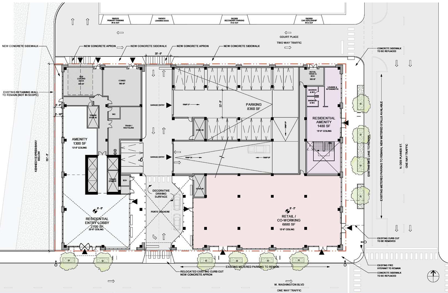 Ground Floor Plan of 640 W Washington Boulevard. Drawing by Hartshorne Plunkard Architecture