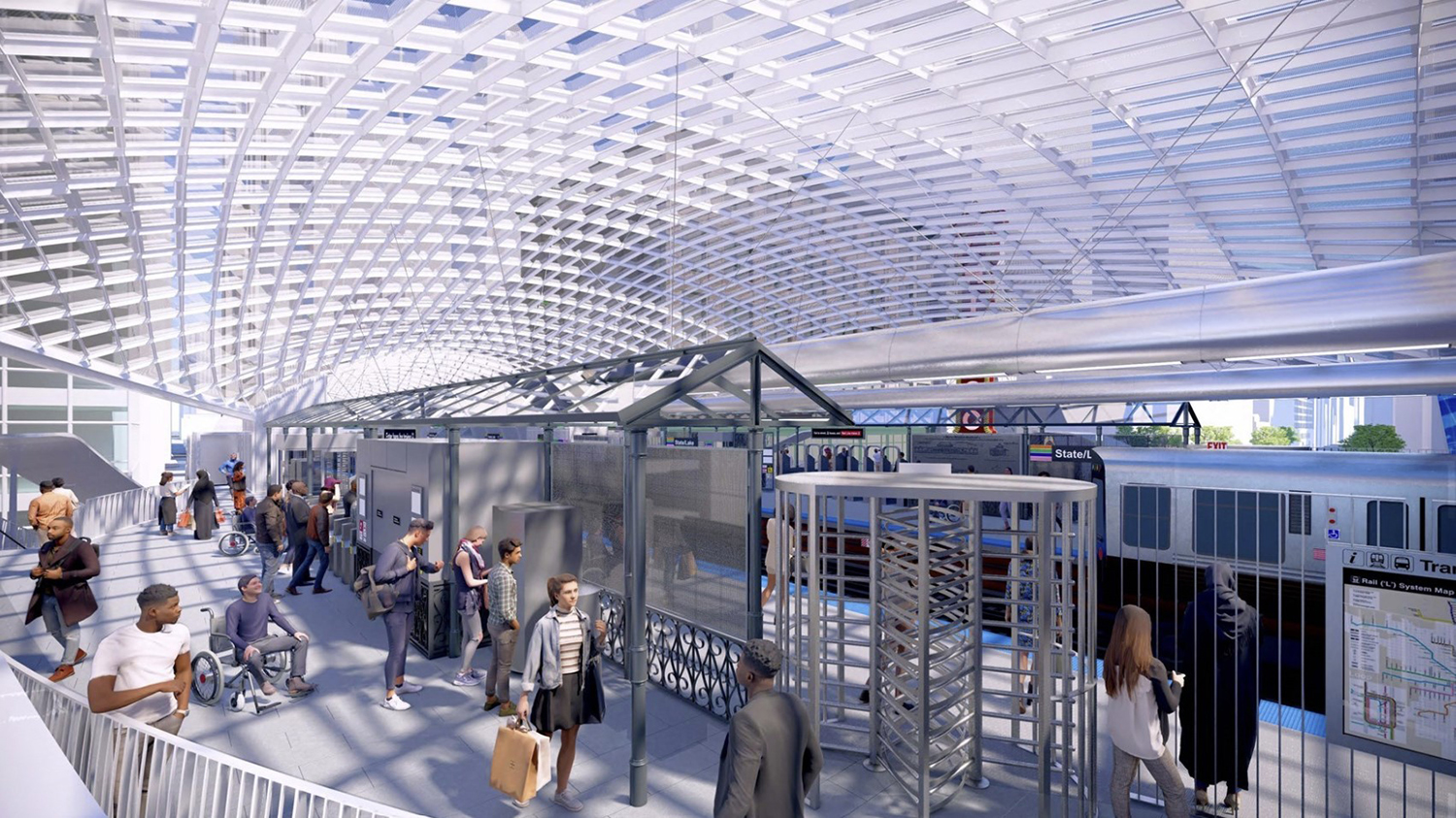 View of Rebuilt State/Lake CTA L Station. Rendering by SOM
