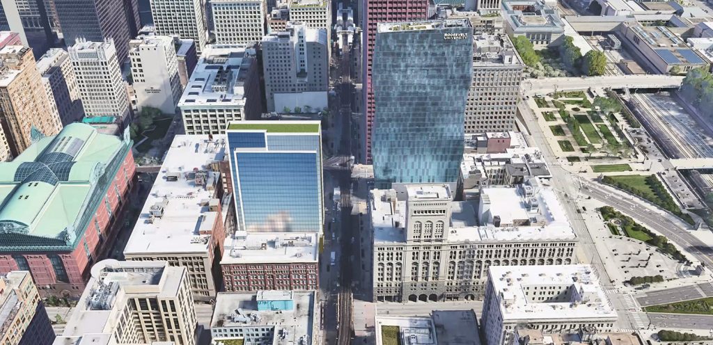 Aerial View of 424 S Wabash Avenue. Rendering by Pappageorge Haymes